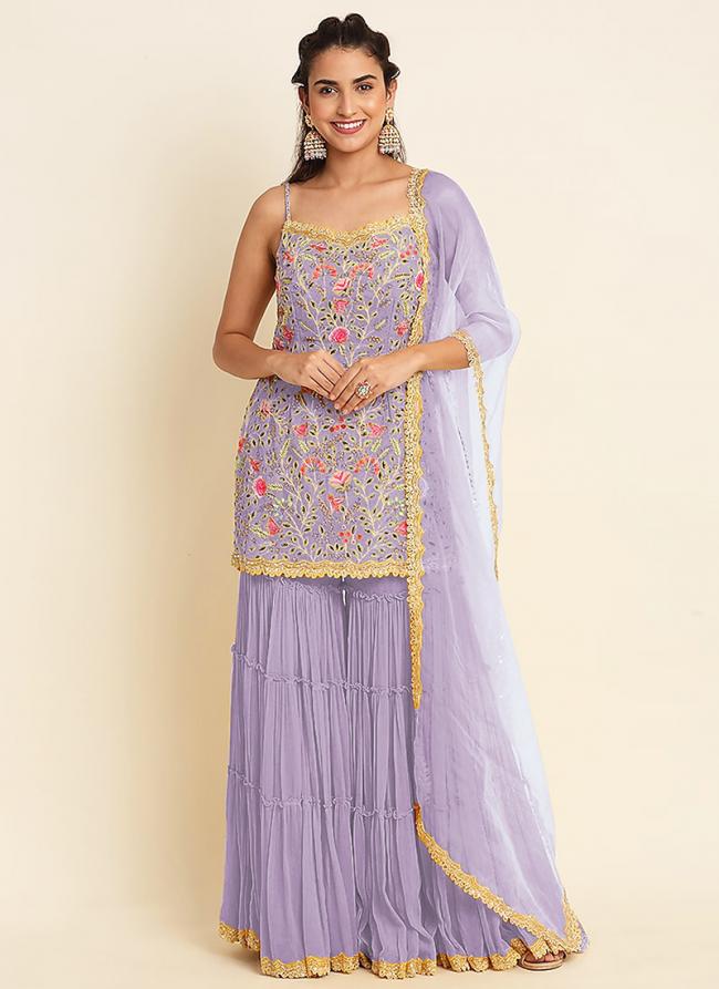 Faux Georgette Lilac Wedding Wear Sequins Work Sharara Suit